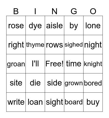 Homophones Bingo Card