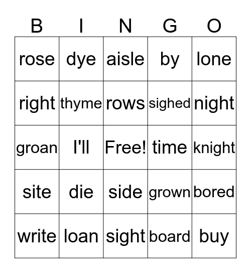Homophones Bingo Card