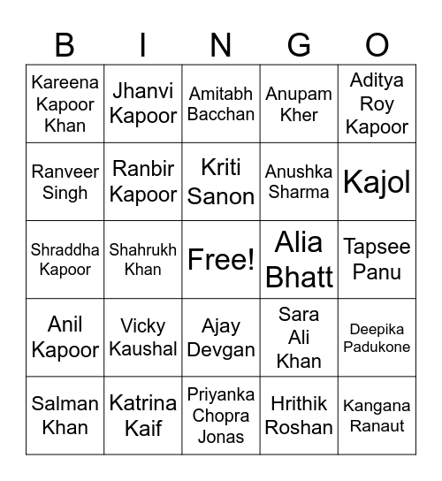 Bollywood Bingo Card