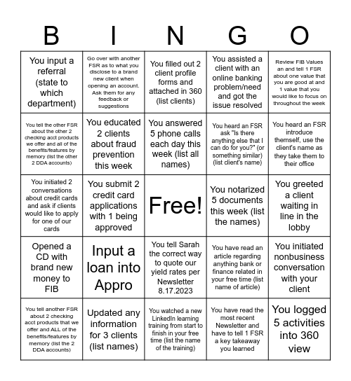 FSR BINGO Card