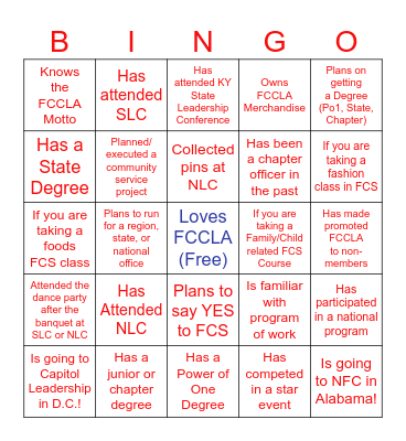 FCCLA Chapter Presidents Bingo Card