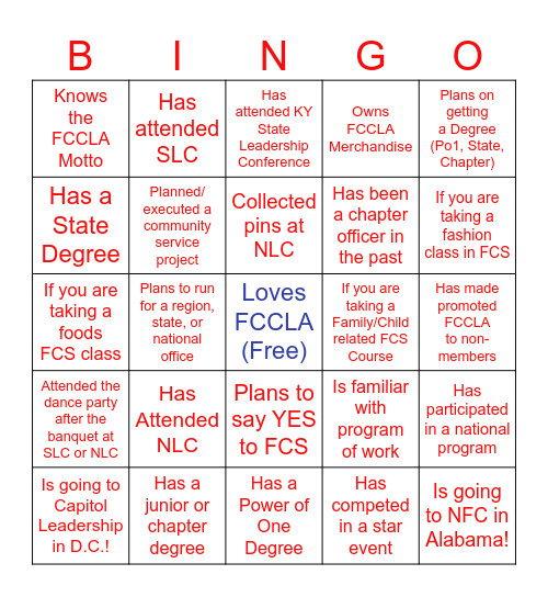 FCCLA Chapter Presidents Bingo Card