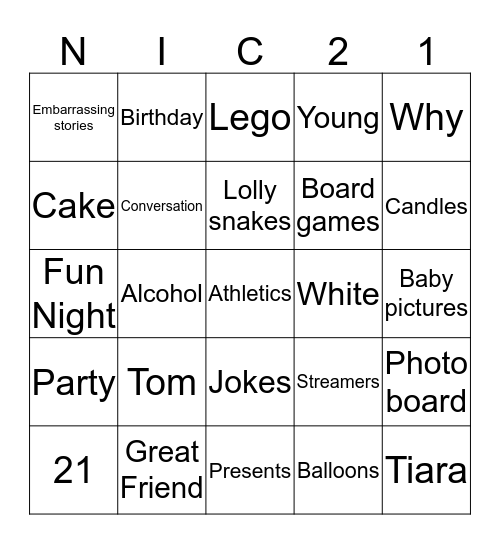 Nic's Birthday Bingo Card