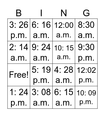 Telling Time O'Clock- 30 mins Bingo Card