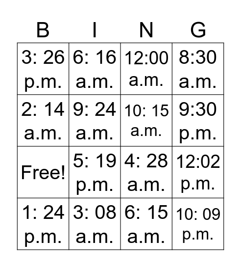 Telling Time O'Clock- 30 mins Bingo Card