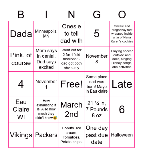 Baby T Bingo Card