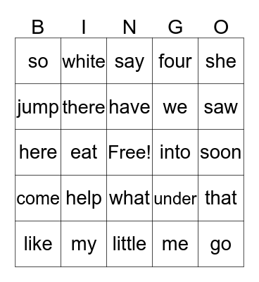 Sight Words Bingo Card