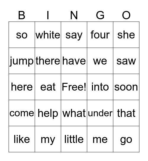 Sight Words Bingo Card