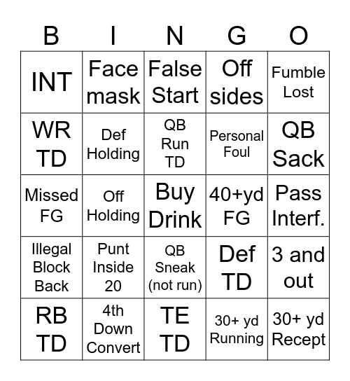 MNF At The Wooden Nickel Bingo Card