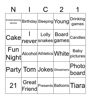 Nic's Birthday Bingo Card