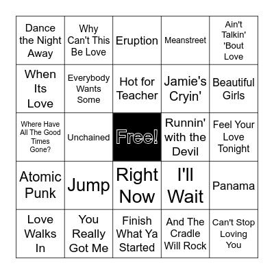 Van Halen (ish) Bingo Card