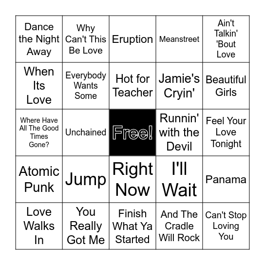 Van Halen (ish) Bingo Card