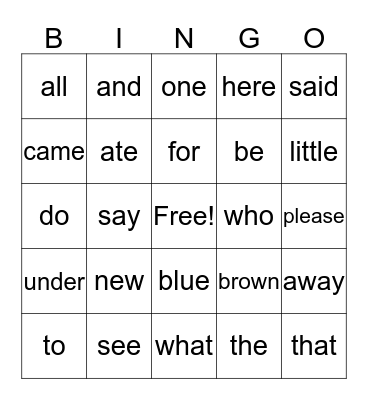 Sight Words Bingo Card