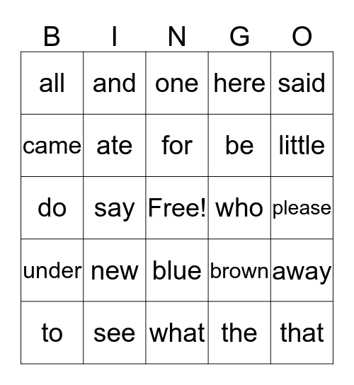 Sight Words Bingo Card
