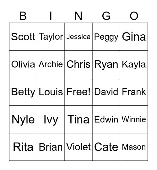Fingerspelling Practice: Names Bingo Card