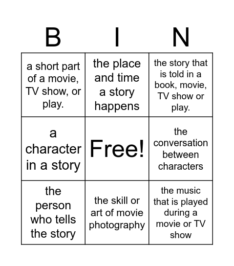 START UP 6 UNIT 1 LESSON 2: ELEMENTS OF A MOVIE OR TV SHOW Bingo Card