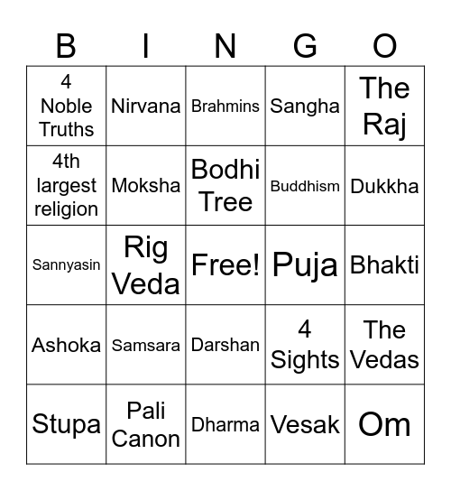 Exam 1: Hinduism & Buddhism Bingo Card