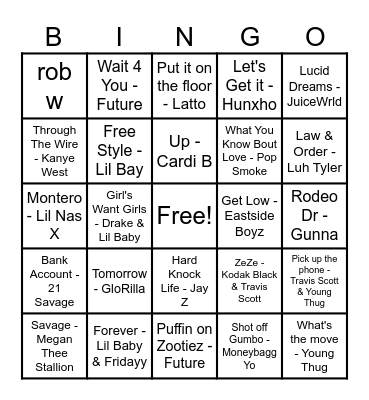 Hip Hop Songs Bingo Card