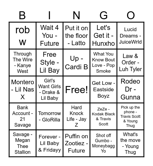 Hip Hop Songs Bingo Card