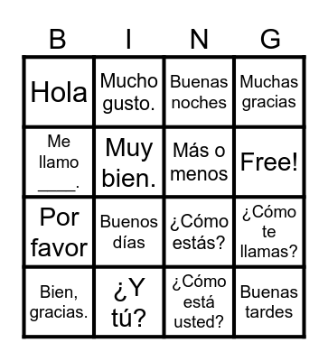 Spanish Greetings Bingo Card