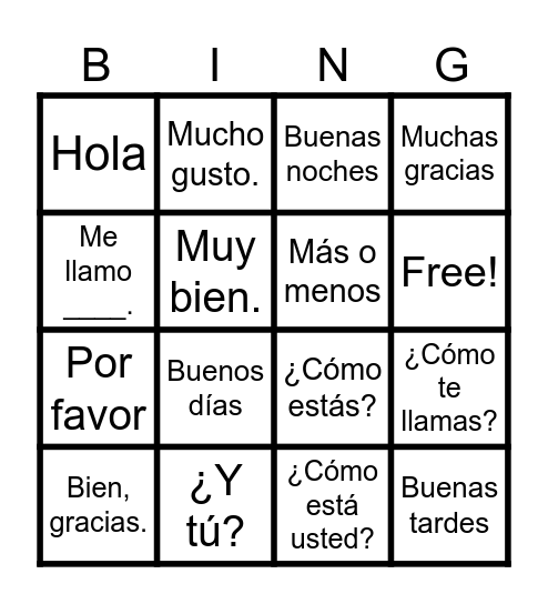 Spanish Greetings Bingo Card