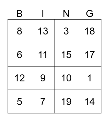 Numeros 1-20 Bingo Card