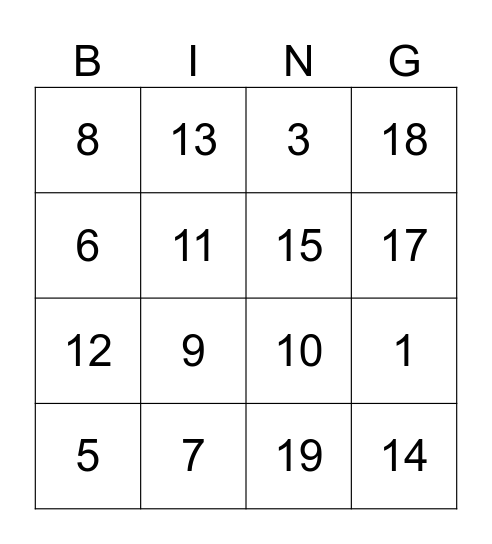 Numeros 1-20 Bingo Card