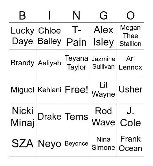 R&B Bingo Card