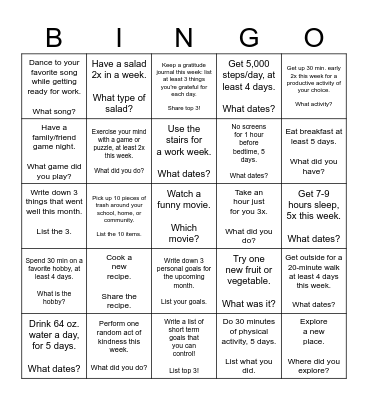Health & Wellness BINGO Card