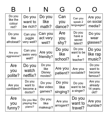 About yourself : Bingo Card