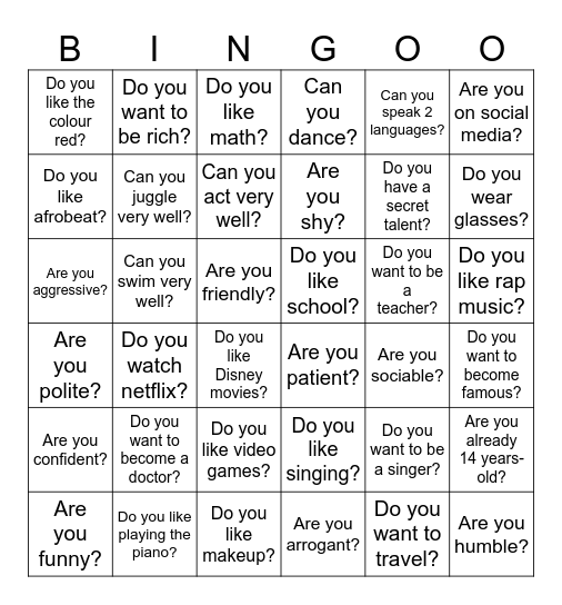 About yourself : Bingo Card