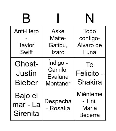 Canciones Bingo Card