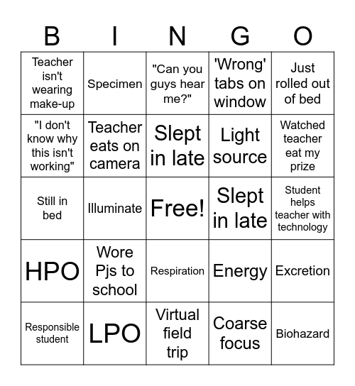 Virtual Classroom Bingo Card