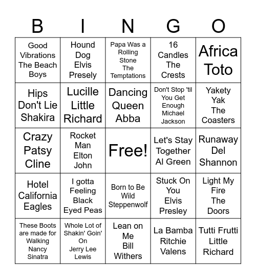 Rock & Roll Bingo 60's / 70's Bingo Card