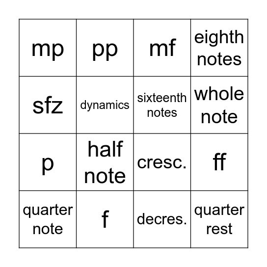 Dynamics and Notes Bingo Card