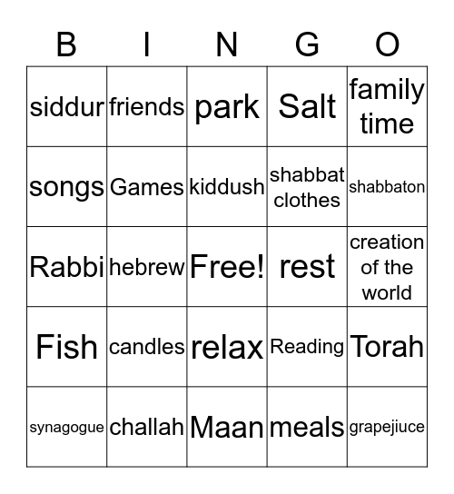 Shabbat Bingo Card