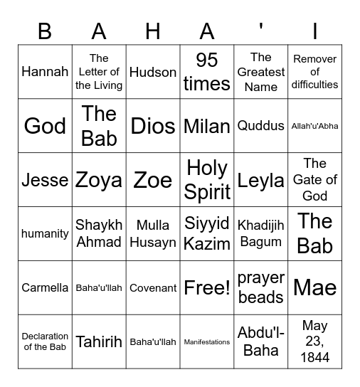 Greatest Name & Allah'u'Abha Bingo Card