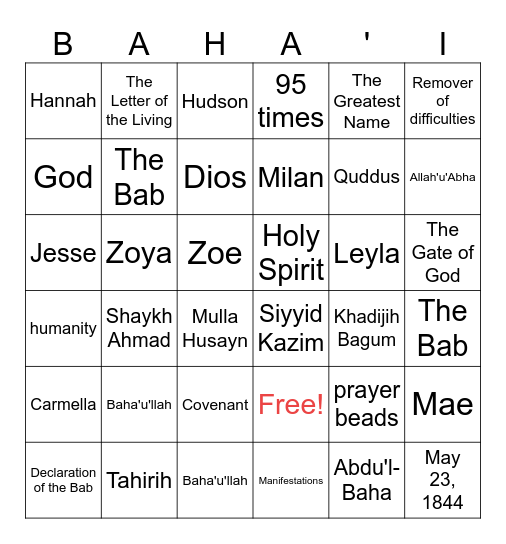 Greatest Name & Allah'u'Abha Bingo Card