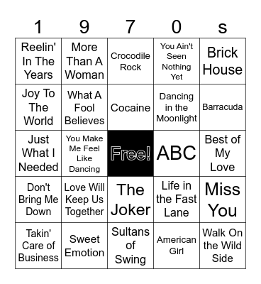 1970s BLACKOUT round Bingo Card