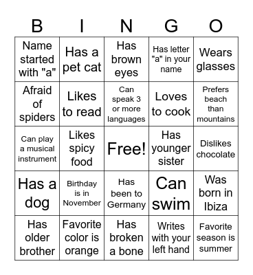 All About You Bingo Card