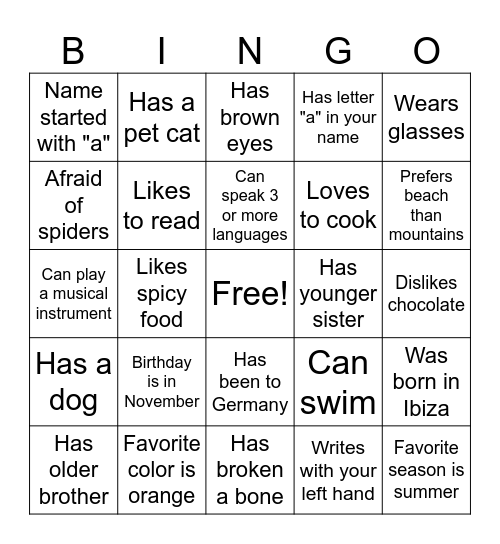 All About You Bingo Card