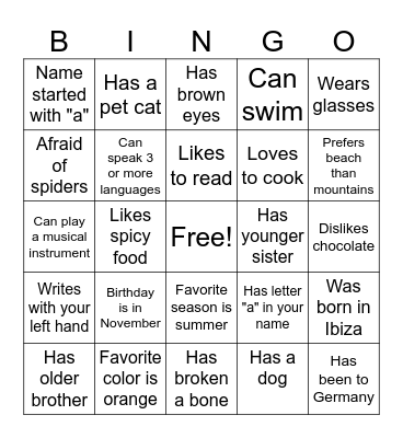 All About You Bingo Card