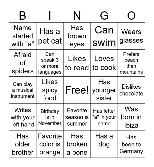 All About You Bingo Card