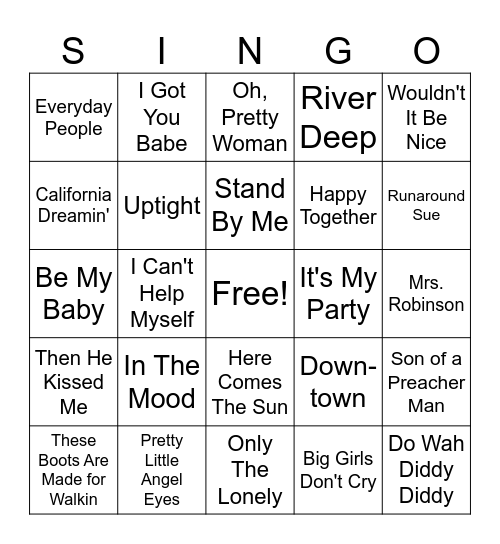 Singo Game #1 Bingo Card