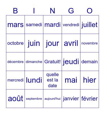 French Bingo Card