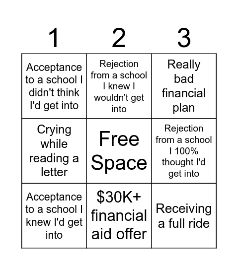 College Acceptance BINGO Card