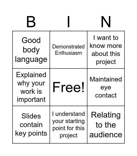 Good Presentation Bingo Card