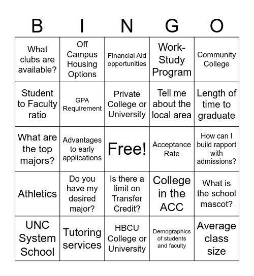 College Experience Day Bingo Card