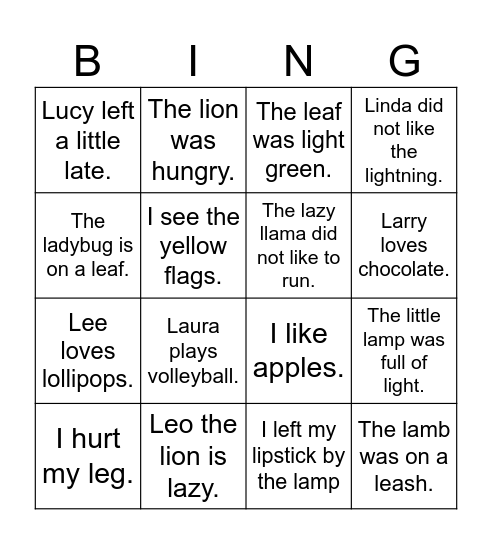 Initial /l/ sentences Bingo Card