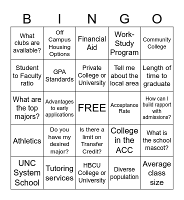 College Experience Day Bingo Card